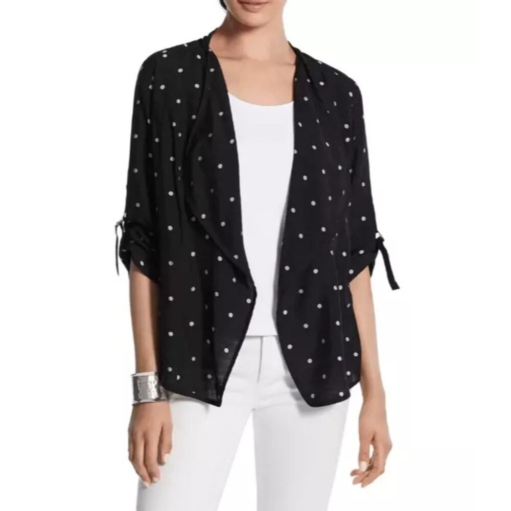 Chicos Black Polka Dot Cardigan Lightweight Open Front Blouse Roll Tab Sleeves - Picture 11 of 12